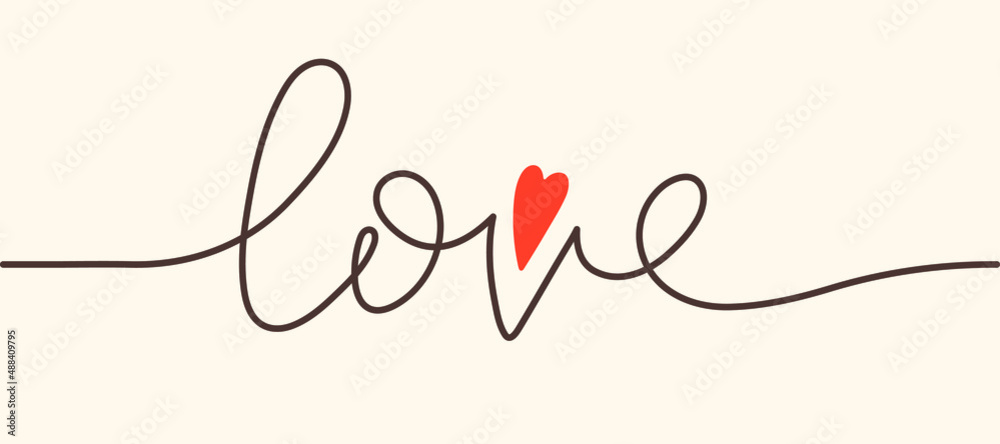 The word love written in one line. With a small heart-shaped accent graphic element. For the design of banners and cards for Valentine's Day, Mother's Day and all the holidays of love and family. The word love written in one line. With a small heart-shaped accent graphic element. For the design of banners and cards for Valentine's Day, Mother's Day and all the holidays of love and family.