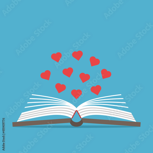 Book with hearts. Love, reading, hobby, education, romantic literature or interesting story concept. Flat design. Vector illustration. EPS 8, no gradients, no transparency