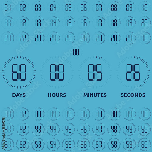 Countdown, round digital diagrams set. Stopwatch, coming soon, time counting, timer, deadline and counter, flat design elements. Vector illustration. EPS 8, no gradients, no transparency
