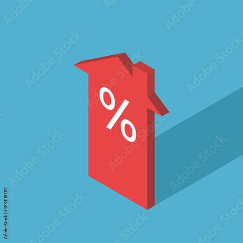 Isometric house shaped arrow, percent sign. Interest rate, real estate, investment, construction, growth and mortgage concept. Flat design. Vector illustration. EPS 8, no gradients, no transparency