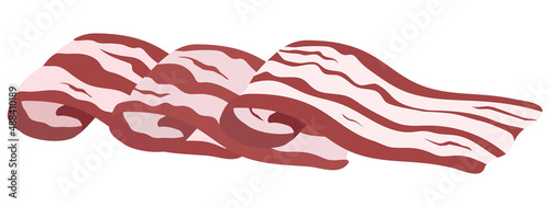 Rolled bacon slices flat vector illustration. Meat breakfast  ingredient isolated on white. Fresh fat pork, unhealthy eating.  Butchery, natural meat store assortment