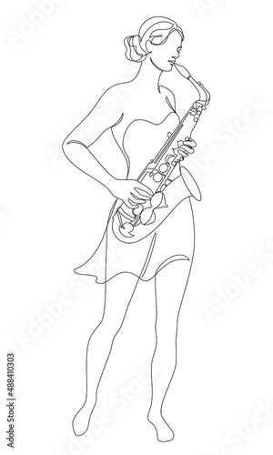 Silhouette of beautiful woman playing saxophone in continuous line modern style. Saxophonist girl, slim. Aesthetic decor sketches, posters, stickers, logo. set of vector illustrations. © Nataliia