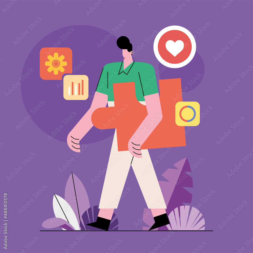 Innovative man walking with puzzle Innovative man walking with puzzle