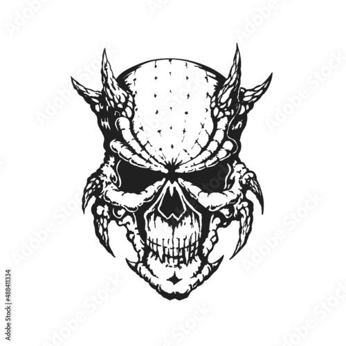 Evil Demon Horned Skull. Print or Tattoo Design. Hand Drawn Vector Illustration