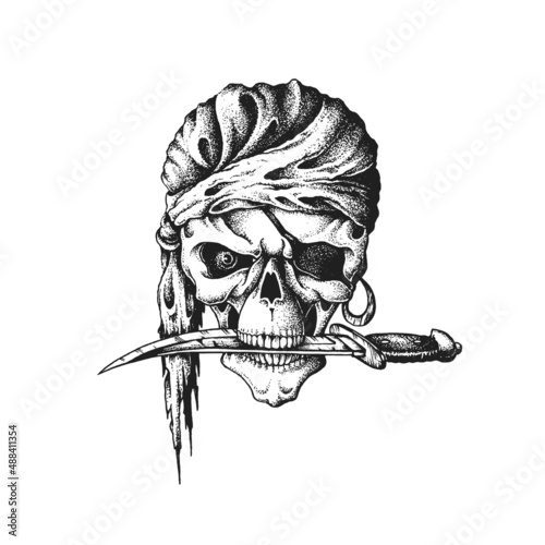Pirate Corsair Skull Wearing Headband with Knife in His Teeth. Print or Tattoo Design. Hand Drawn Vector Illustration