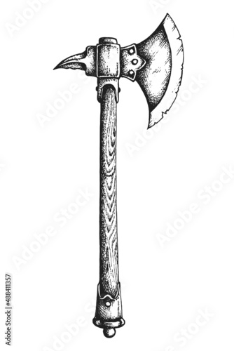 Viking Berserk Warrior Battle Axe. Print or Tattoo Design. Hand Drawn Vector Illustration
