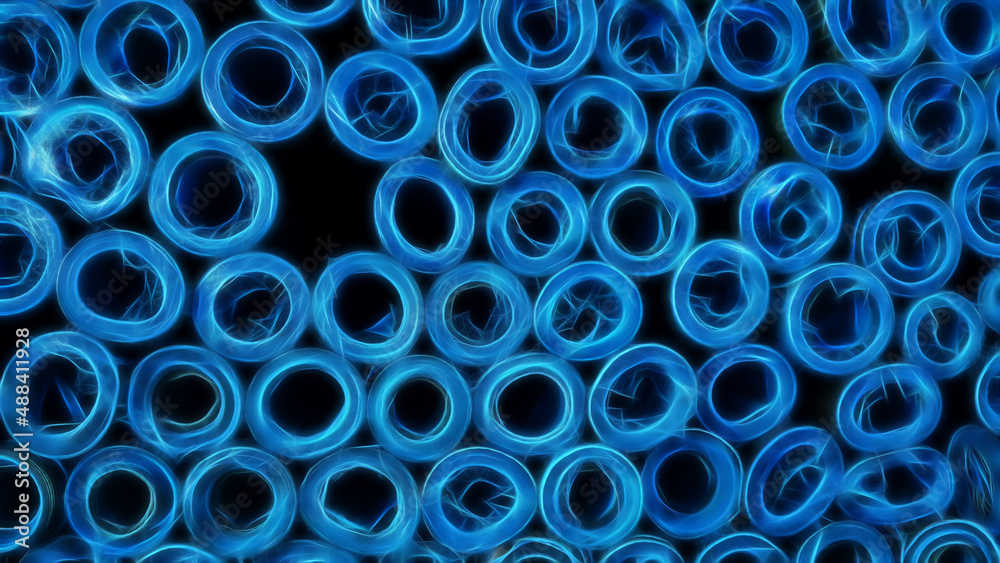 many bright blue paper tubes viewed end-on