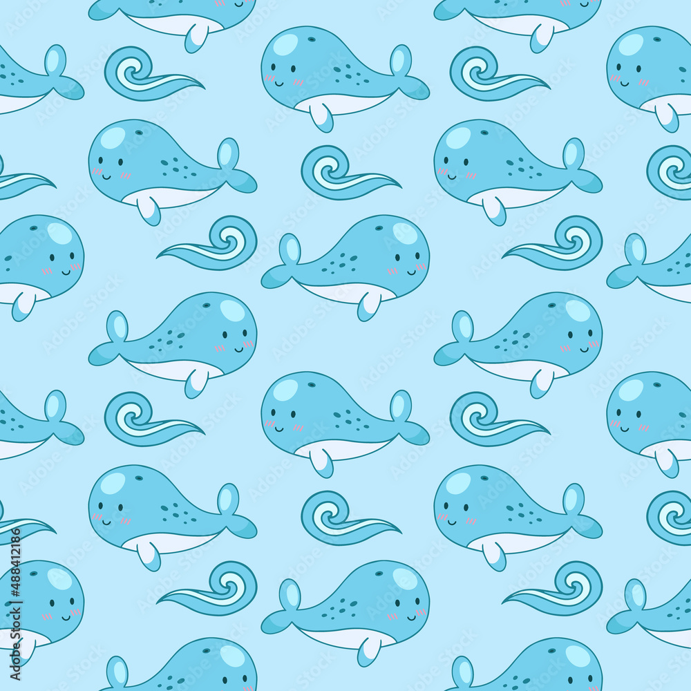 Vector illustration with marine flora and fauna. Seamless pattern of whale and sperm whale sea wave
