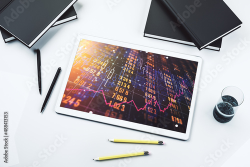 Abstract creative stats data concept on modern digital tablet screen. Top view. 3D Rendering