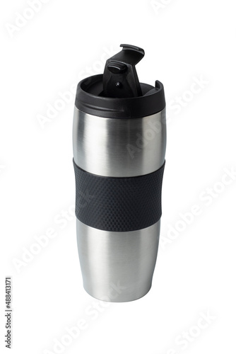 Aluminum thermos on a white background