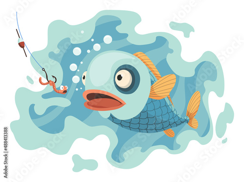 Fish catch. Cartoon fish catching the fishing lure. Jumping to catch a bait. Sports hobby. Fishing or hunting on worm vector illustration