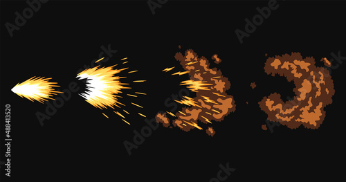 Gun flashes or gunshot animation. Collection of fire explosion effect during shot with gun. Cartoon flash effect of bullet starts. Shotgun fire, muzzle flash and explode