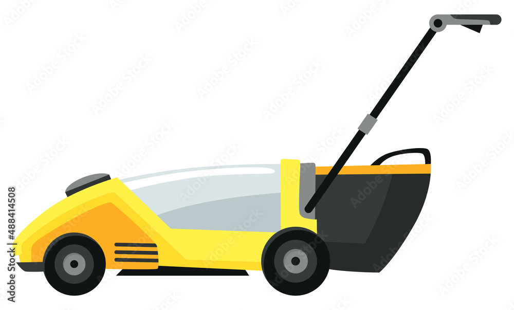 Lawn mower machine in green color. Trimming, pruning and cutting grass electric or petrol mower work tool for garden. Flat cartoon icon isolated on white background Lawn mower machine in green color. Trimming, pruning and cutting grass electric or petrol mower work tool for garden. Flat cartoon icon isolated on white background