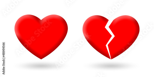 3d Haeart and Broken heart icon. Love break, divorce, heartbreak or breakup symbol. Vector illustration.
