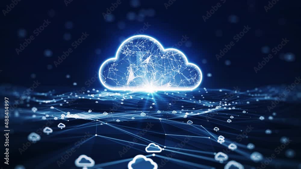 cloud computing technology concept transfer database to cloud. There is a prominent large cloud icon in the center and a small white icon over a slow-moving polygon with a dark blue background.