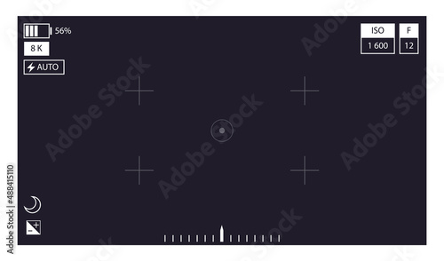 Camera viewfinder. Focusing screen recording. Black screen camera with video shooting parameters, photo quiality indicators. Digital zoom recording for modern vector bloggers