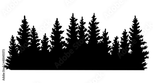Fir trees silhouette. Coniferous spruce horizontal background pattern, black evergreen woods vector illustration. Beautiful hand drawn panorama with treetops forest