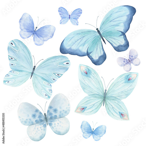 Watercolor butterfly cliparts set. Hand drawn illustration