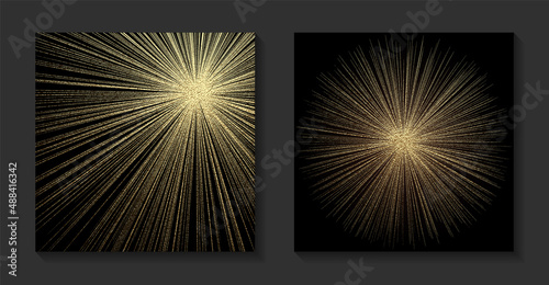 Golden backgrounds set with sunburst. Shiny gold retro rays, bright sunbeams. Vintage vector illustration. Bright background for christmas cards, luxury flyers or banners. Vector illustration