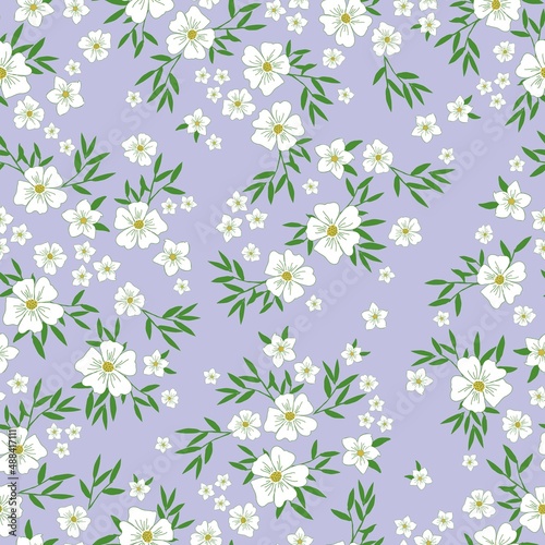 Seamless vintage pattern. White flowers, green leaves. Lilac background. vector texture. fashionable print for textiles, wallpaper and packaging.