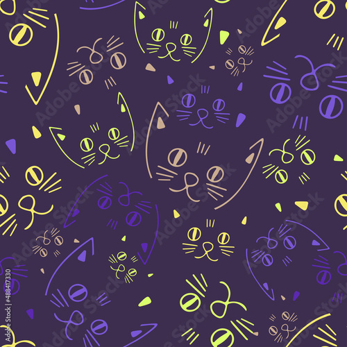 Seamless colorful vector pattern design of lined ornamental cartoon abstract cats snouts
