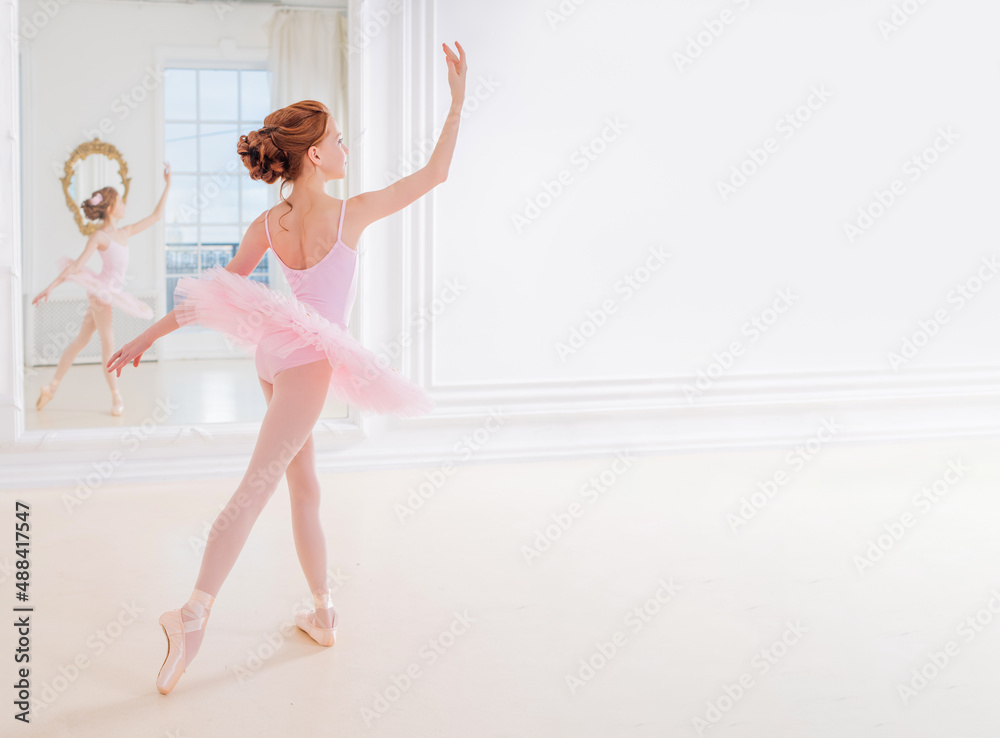 Little girl ballerina dancer in tutu learning ballet dance at dance school - obrazy, fototapety, plakaty 