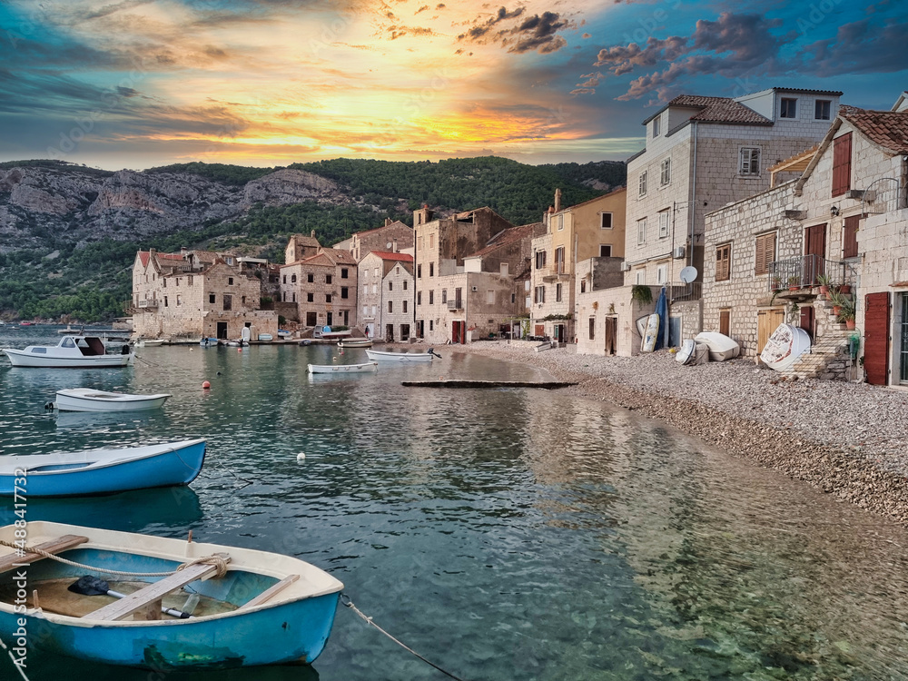 Old picturesque fishing village Komiža on island Vis near Split, Dalmatia, Croatia