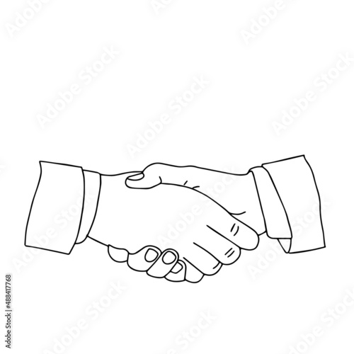 Vector outline illustration of two people shake hands