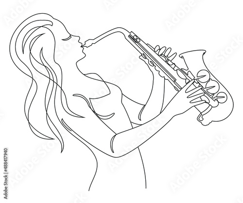 Silhouette of beautiful woman playing saxophone in continuous line modern style. Saxophonist girl, slim. Aesthetic decor sketches, posters, stickers, logo. set of vector illustrations.