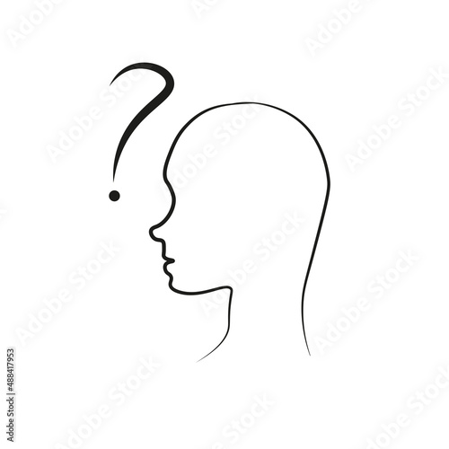 Abstract illustration of a head with question sign. Concept of looking for answers or ideas searching, making choice. Linear style design.