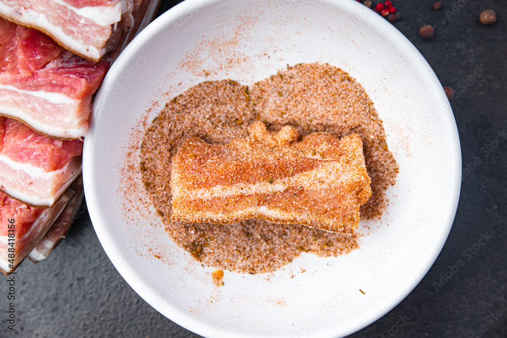 belly meat bacon piece meat layers fat lard fresh pork meat pickling in spices fresh portion meal food snack on the table copy space food background rustic top view belly meat bacon piece meat layers fat lard fresh pork meat pickling in spices fresh portion meal food snack on the table copy space food background rustic top view
