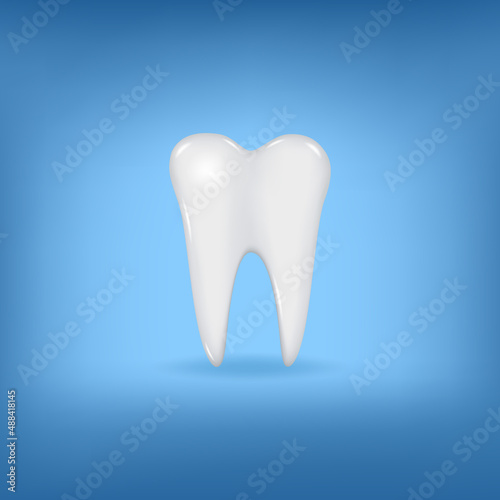 vector illustration of a realistic white tooth on a blue background. 3d healthy clean tooth with root. caries prevention. dentistry concept. tooth icon