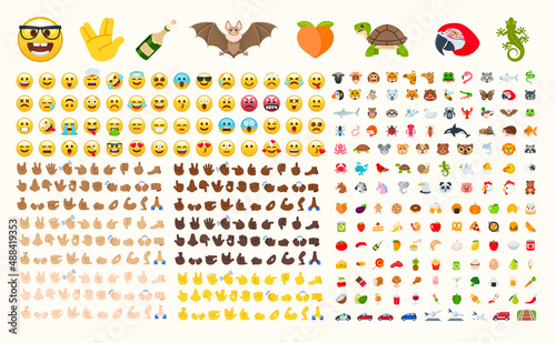 All type of emojis in one big set. Hands, gesture, people, animals, food, transport, activity, sport emoticons. Smiley big collection.