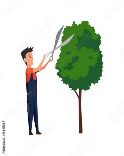 Professional gardener pruning tree with pruners or garden shears. Man working with shrubs in backyard. Colored flat vector illustration of worker in uniform isolated on white background