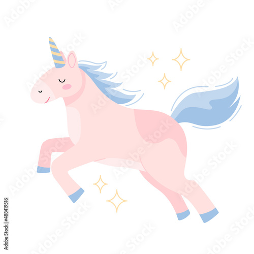 Cute cheerful pink unicorn character. Baby vector illustration in cartoon style isolated on white background. Fabulous magical creature element for design  postcards  poster
