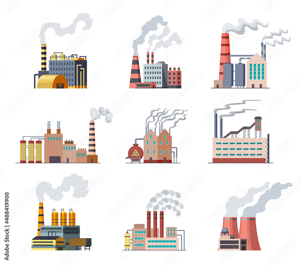 Icon set of industrial factory. Manufactory industrial buildings refinery factorys or nuclear power stations. Complex of chemical plants buildings isolated on white background
