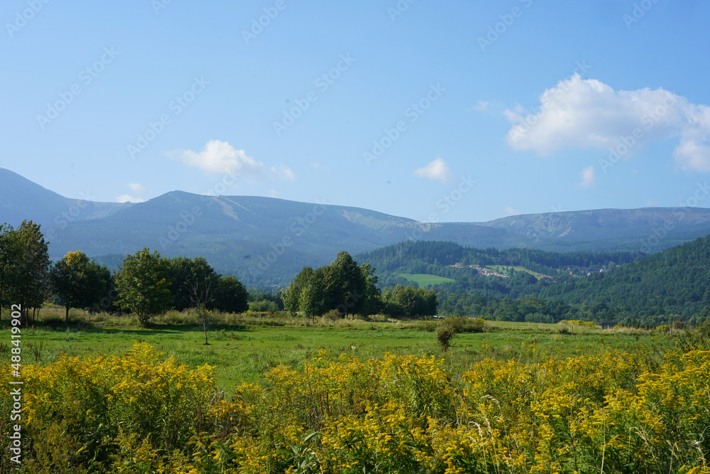 view of Karkonosze/ Giant Mountains in Poland from the village Ścieny in late summer