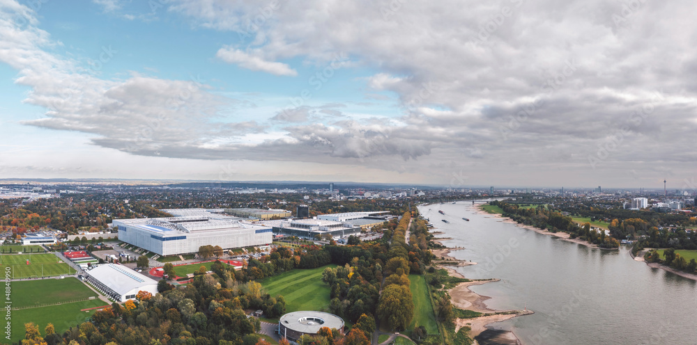 Skyline cityscape of Dusseldorf, Germany. Aerial autumn view of Stockum commercial area.
