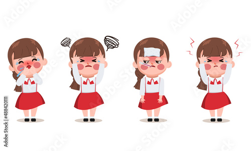 Hand drawn girl children student symptom of covid-19 character.