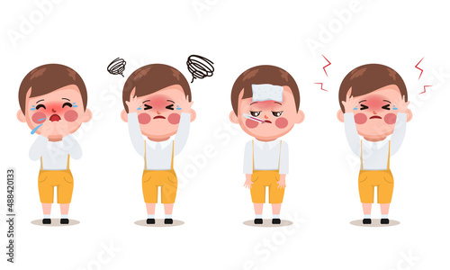 Hand drawn boy children student symptom of covid-19 character.