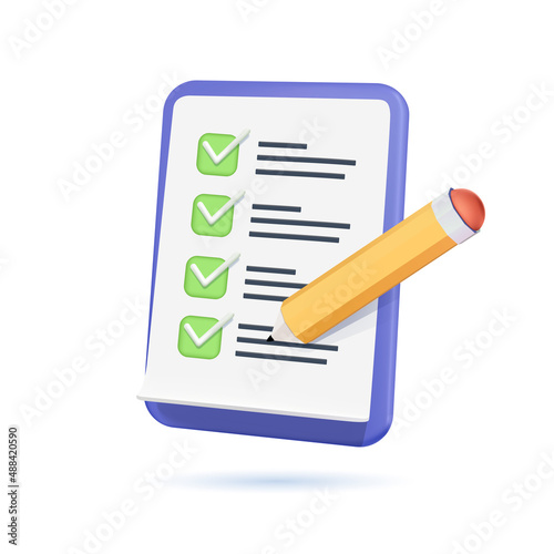 Checklist, document. Business, education concept. 3d vector icon. Cartoon minimal style. Contract papers. Document. Stack of agreements document approval. Clipboard line icon. Checklist sign symbol 3d