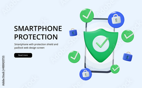 Web banner with 3d render illustration od a smartphone with protection shield and padlock. User data protection. Mobile application for data analysis and accounting. Electronic document management.