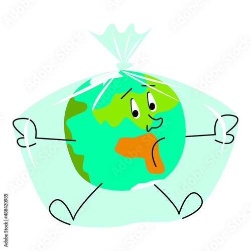 Vector illustration - a sad suffocating globe in a transparent plastic bag. Concept - global warming or greenhouse effect