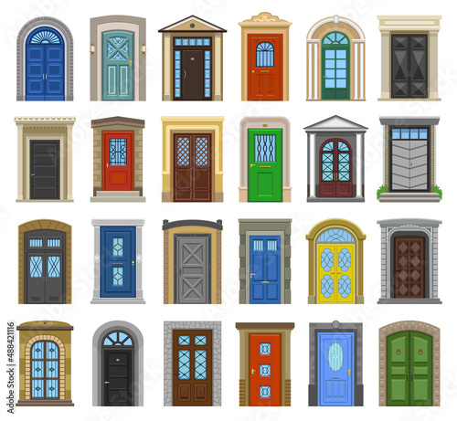 Door old vector cartoon icon set . Collection vector illustration wooden door on white background. Isolated cartoon illustration icon set of house doorway for web design.