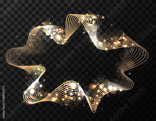 Golden twinkling sound wave. Beat and equalizer. Sparkling light effect. Teleport. Christmas vector element