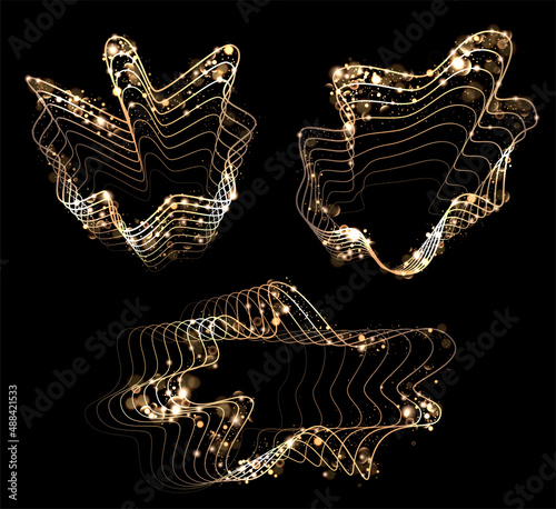 Set of magical sound waves. Twinkling golden light effect. Beat and equalizer