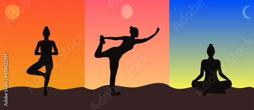 Yoga set at sunrise background, dawn sky with moon and stars. Silhouette of a woman practicing yoga. Flat vector illustration