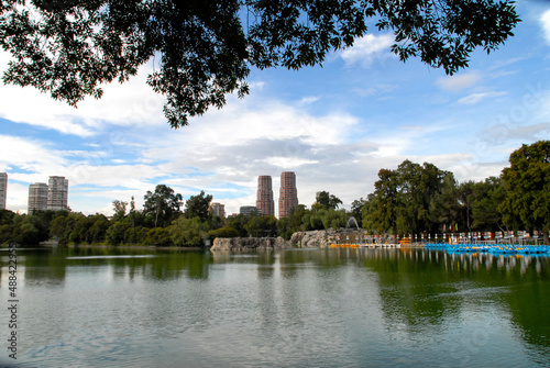 chapultepec lake in mexico city, panoramic view of chapultepec lake with blue sky photo
