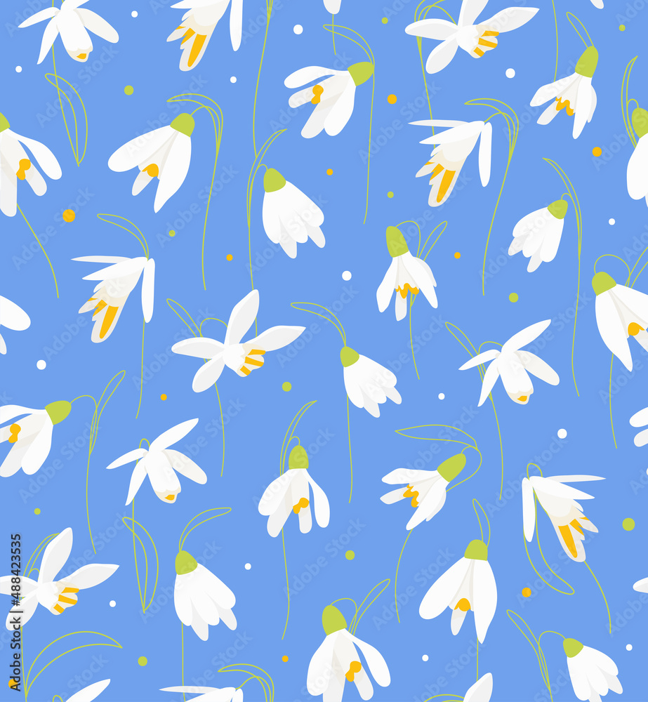 Snowdrops flower vector seamless pattern on blue background. Spring botanical flat illustration for Wedding Invitation, Fabric, Wallpaper, Print, template