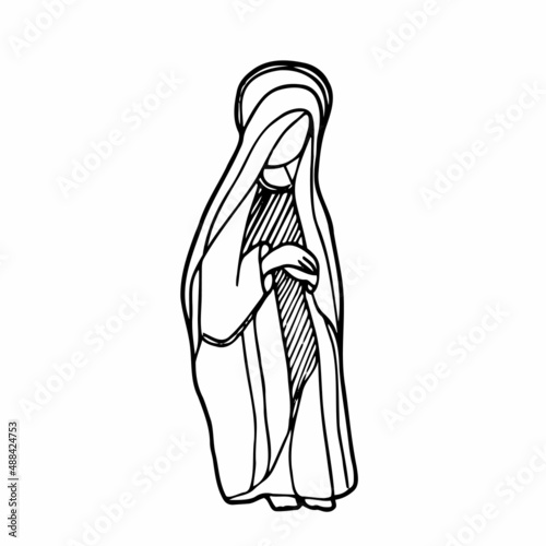 Isolated vector illustration. Saint Virgin Mary. Sitting Madonna. Hand drawn linear doodle sketch. Black silhouette on white background.